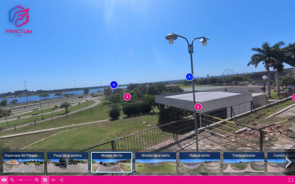 Escena del tour 360° mostrando el mirador del río con puntos de información